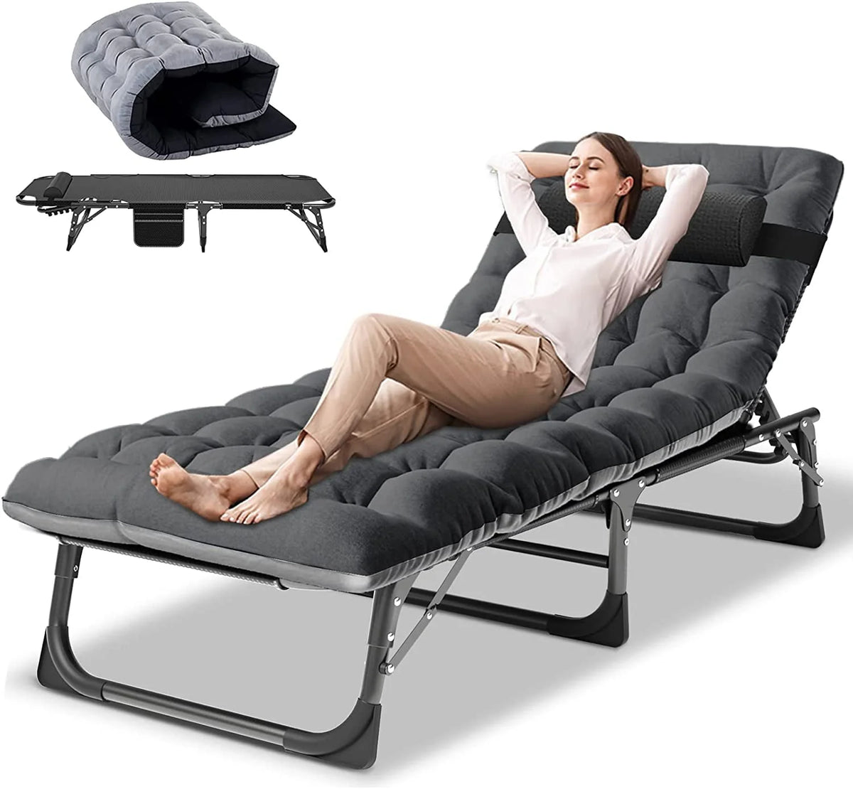 SLSY Folding Camping Cot with 2 Sided Cushion & Pillow, Adjustable 5-Position Outdoor Portable Folding Lounge Chair, Folding Sleeping Cots Bed