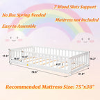 UHOMEPRO Twin Size Floor Bed with Door and Fence, Montessori Floor Bed with Slats and Safety Guardrails, Solid Wood Twin Bed Frame for Bedroom, White