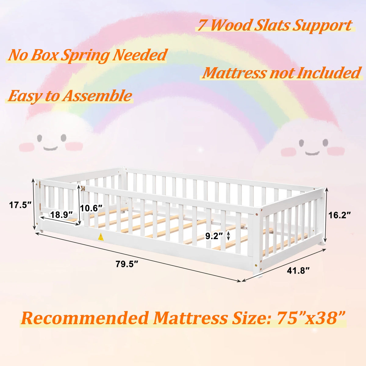 UHOMEPRO Twin Size Floor Bed with Door and Fence, Montessori Floor Bed with Slats and Safety Guardrails, Solid Wood Twin Bed Frame for Bedroom, White