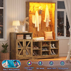 Farmhouse Wood Hall Tree with Shoe Bench and Console Table, LED 4-in-1 Coat Rack with 8 Hooks and 7 Adjustable Shoe Cubbies, Multifunctional Entryway Storage Organizer with Cabinet, Vintage White