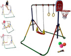 Adjustable Height Gymnastics Bar for Kids Kip Bar 6 in 1 Set, 6'x2' Gymnastic Tumble Mat, Swing Seat, 2 Trapeze Rings, Basketball Hoop, Home Junior Training Monkey Bars Fitness Balance Horizontal Bar