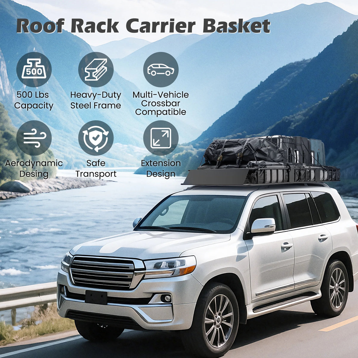 Naipo Roof Rack Cargo Basket,500 lb,64"x39"x6"Extendable Roof Luggage Holder Rack with 4 U-Bolts for SUV/RV,Camping