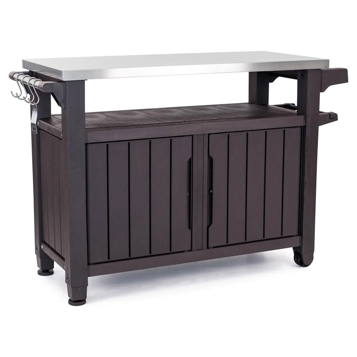 Keter Unity XL Outdoor Kitchen Bar Rolling Cart with Storage Cabinet, Brown