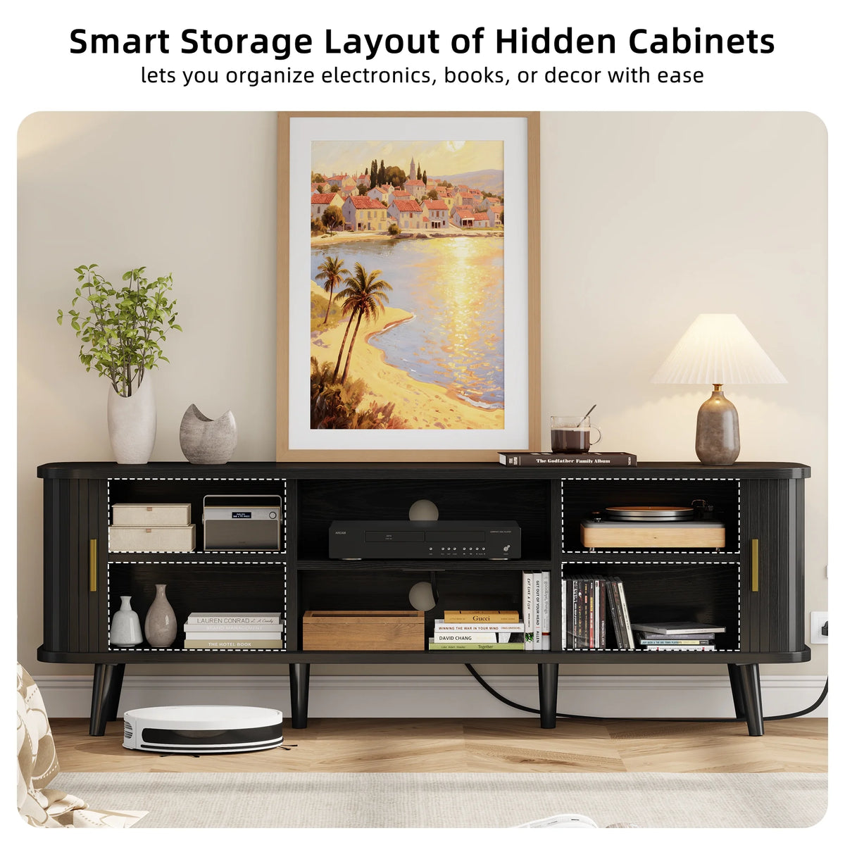 Laintene 59" TV Stand, Fluted TV Stand for TVs up to 65", Entertainment Center with Storage and Sliding Doors, Modern Media Console with Power Outlet for Living Room, Walnut