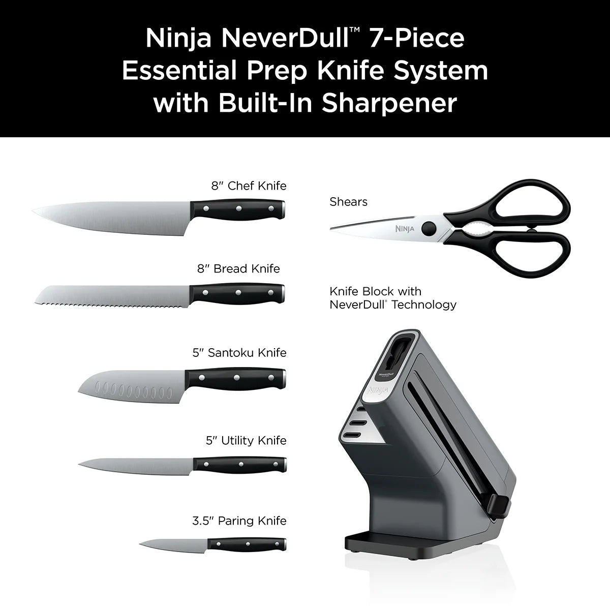 Ninja? NeverDull? 7-Piece Prep Knife System, Essential, Stainless Steel, Built-in Sharpener, K12007BRN