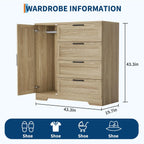 Ataucjin Wood Armoire Wardrobe Closet with 4 Drawers and Door, 43.3" H Bedroom Wardrobe Cabinet with Hanging Rod, Clothing Storage Cabinets, 4 Drawers Dresser with Storage Closet