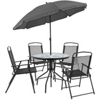 Flash Furniture Nantucket 6 Piece Black Patio Garden Set with Umbrella Table and Set of 4 Folding Chairs