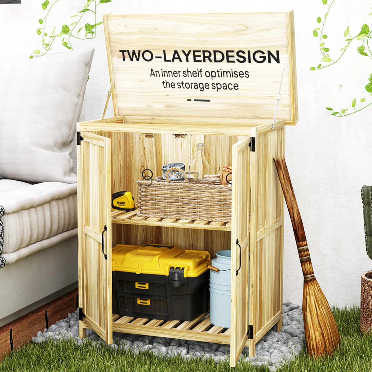 Outsunny Outdoor Garden Shed, Wooden Backyard Shed with Metal Tabletop, Shelf and 2 Doors for Patio, Lawn, Gray