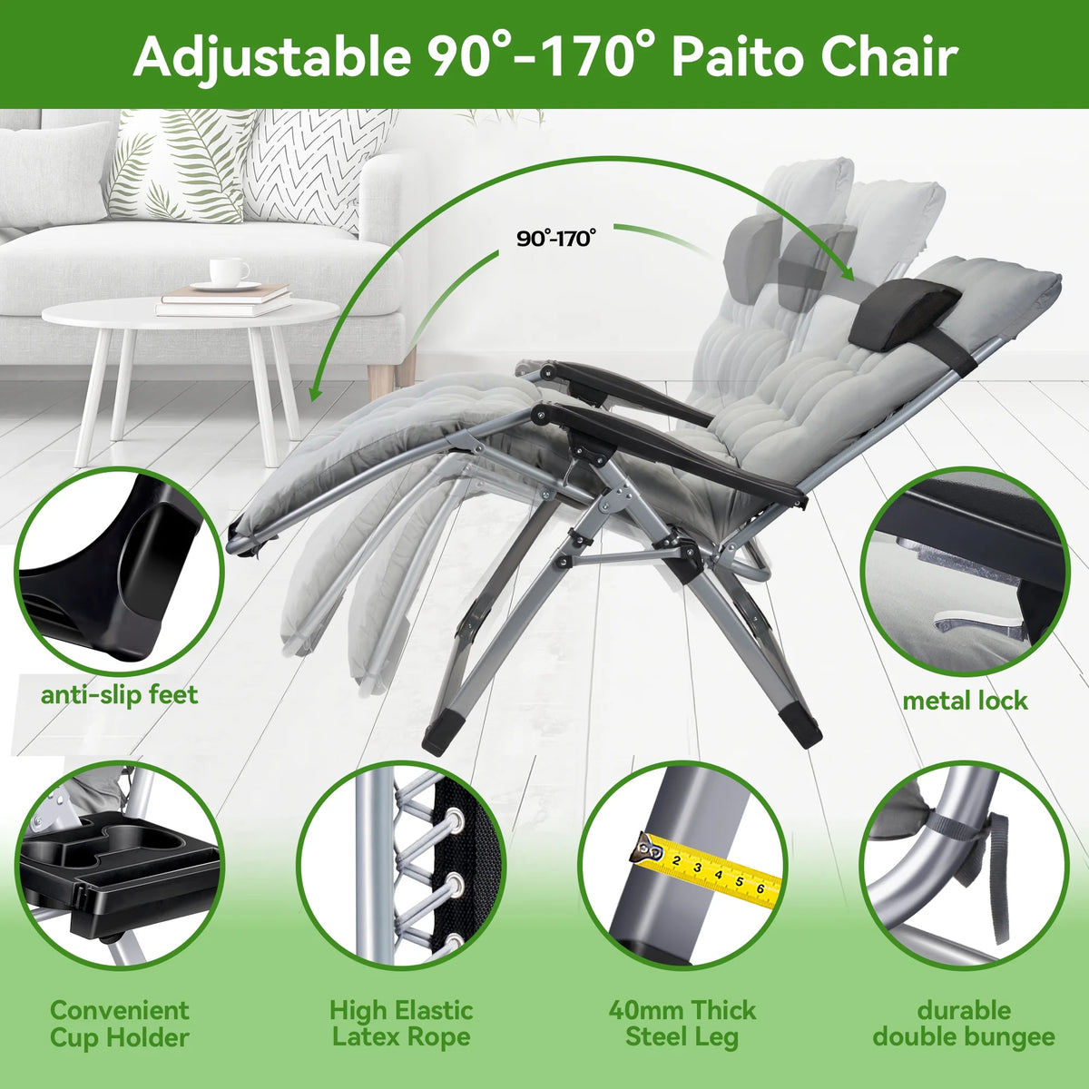 VECUKTY XXL Oversize Zero Gravity Chair - 500lb Capacity, 33-Inch Wide Padded Seat, Folding Travel Recliner for Outdoor / Indoor Use - Patio, Lawn, Black, Portable and Heavy Duty