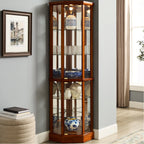 Walnut Cabinet With 6 Shelves, Adjustable Glass & Mirrored Back Design Shelf Lighted Corner Curio Shelves In