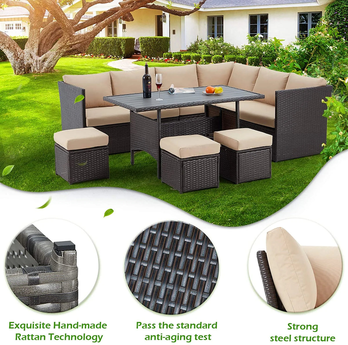 AECOJOY 7 Piece Patio Furniture Set PE Rattan Outdoor Dining Set Sectional Sofa Couch with Table Patio Conversation Set in Gray