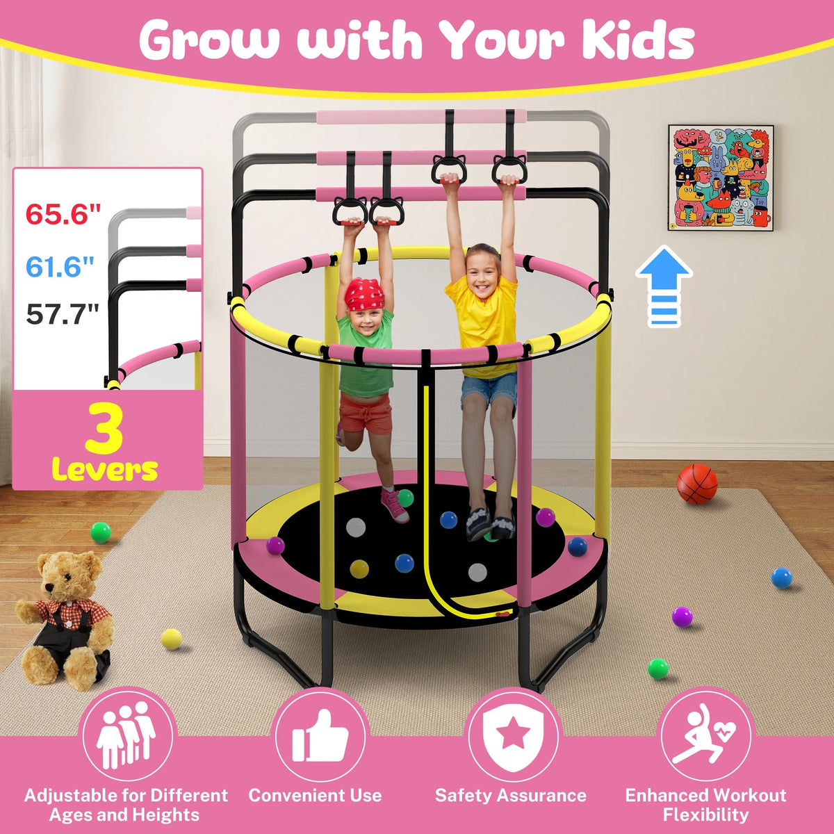 Mini Round Trampoline for Kids with Basketball Hoop, SEGMART 55'' Indoor Outdoor Toddler Trampoline with Enclosure Net, Swing, Sandbag, Ring, Ocean Balls, Small Trampoline Gift for Boys Girls, Blue