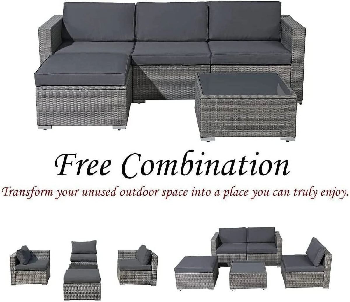 Patiorama 5-Piece Patio Furniture Set, Outdoor Sectional Conversation Set, All-Weather Grey PE Wicker with Light Grey Cushions, Backyard Porch Garden