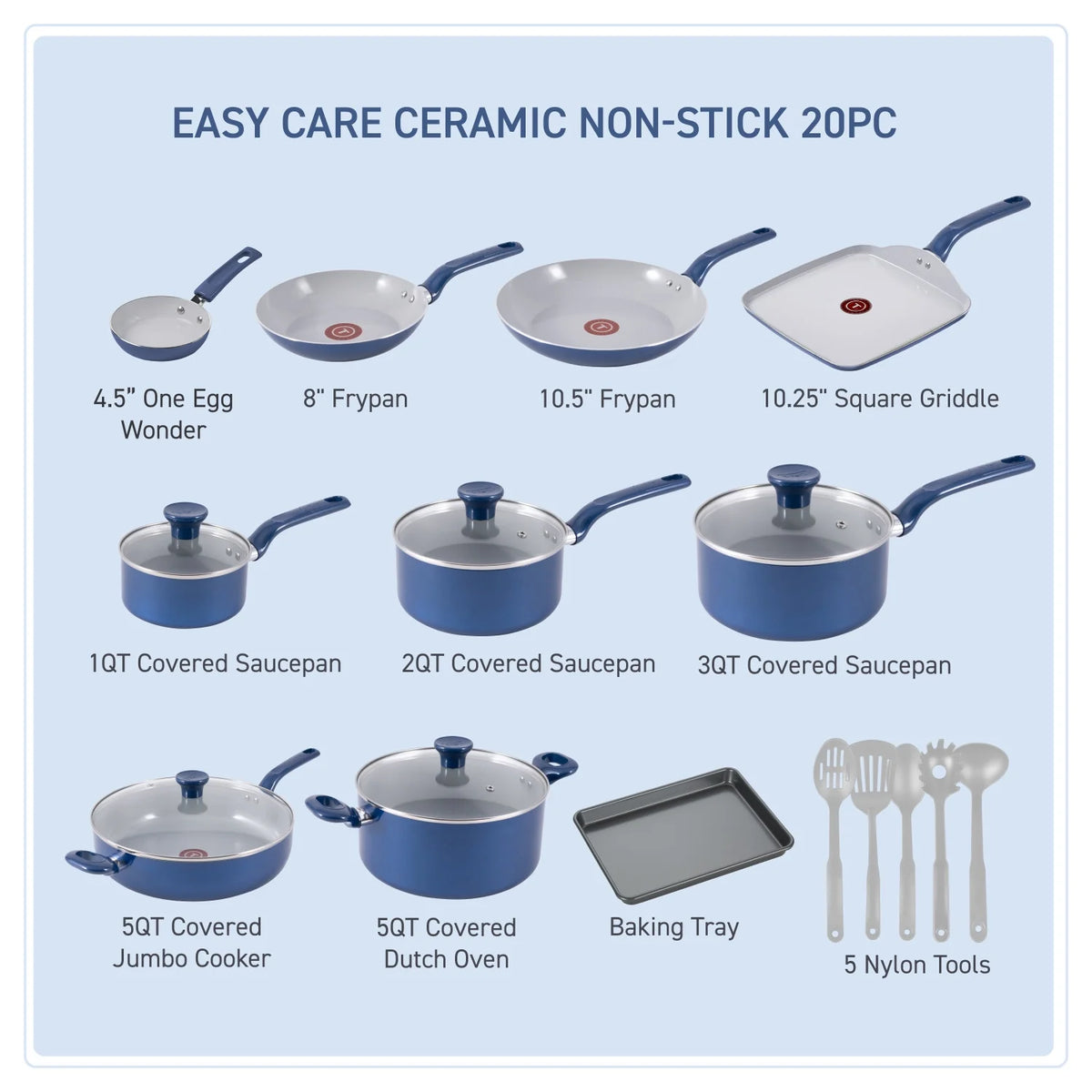 T-fal Easy Care Ceramic, 20 Piece Pots and Pans Cookware Set, Electric Blue