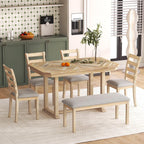 Bellemave 6-Piece Dining Table Set, Rubber Wood Rectangular Kitchen Table Set for 6, Farmhouse Dining Table Set with 4 Upholstered Chairs and Bench (Gray)