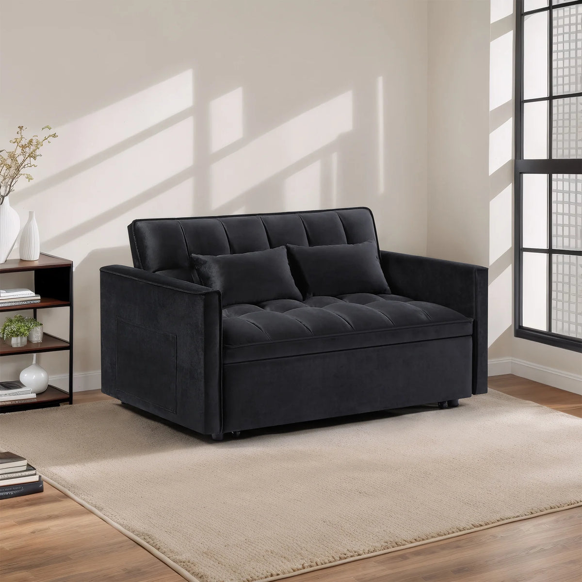 Gewnee 55'' Modern Convertible Velvet Sofa Bed with Pull-Out Twin Bed, Adjustable Backrest for Living Room, Office (Dark Gray)