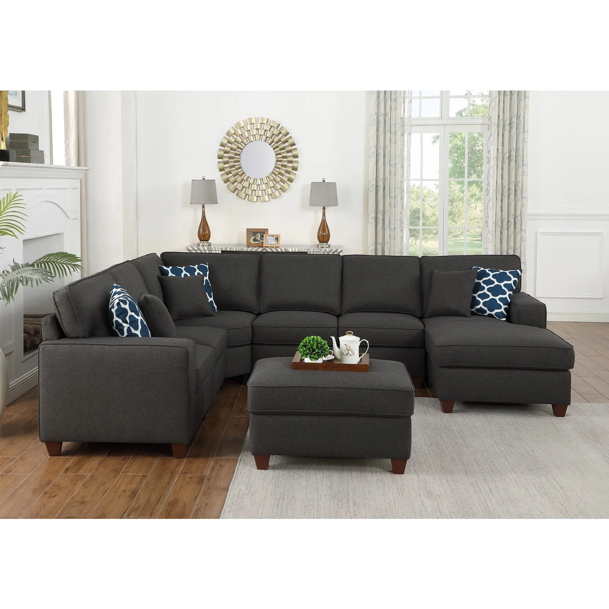 Devion Furniture 7-Piece Upholstered Modern Fabric Sectional in Light Gray