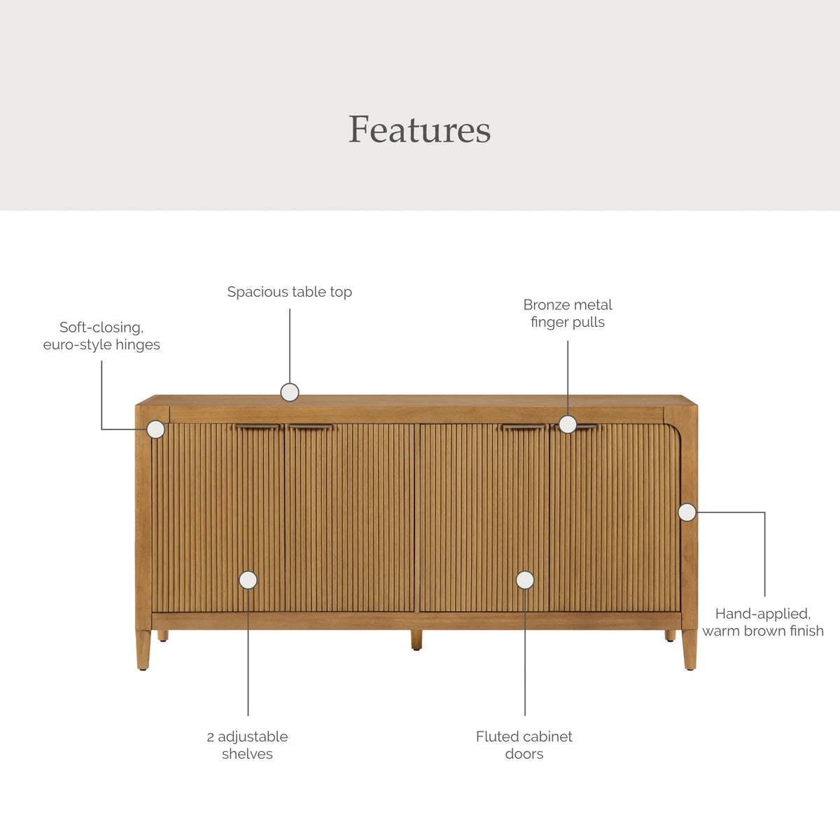 My Texas House Linden Fluted Buffet Cabinet Sideboard with Adjustable Shelves, Warm Brown