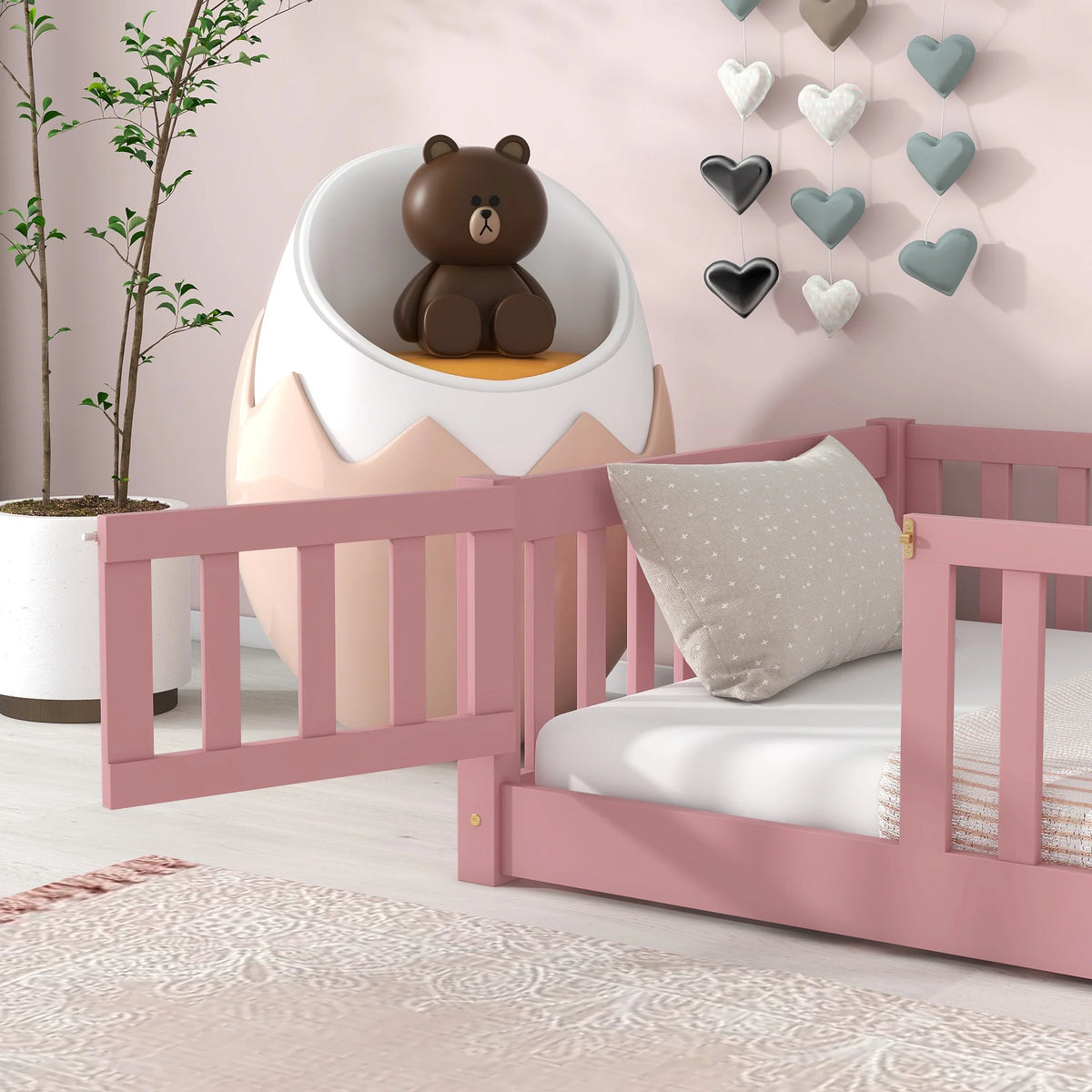UHOMEPRO Twin Size Floor Bed with Door and Fence, Montessori Floor Bed with Slats and Safety Guardrails, Solid Wood Twin Bed Frame for Bedroom, White