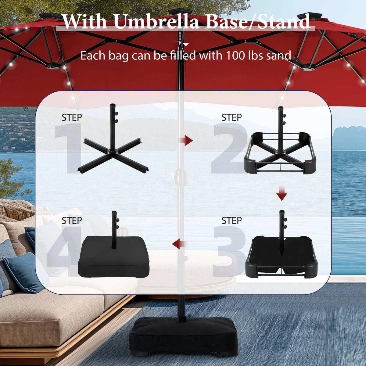 Summit Living 15 FT Double-Sided Solar Patio Umbrella with Base Large Outdoor Umbrella with LED Solar Lights - Haze Blue