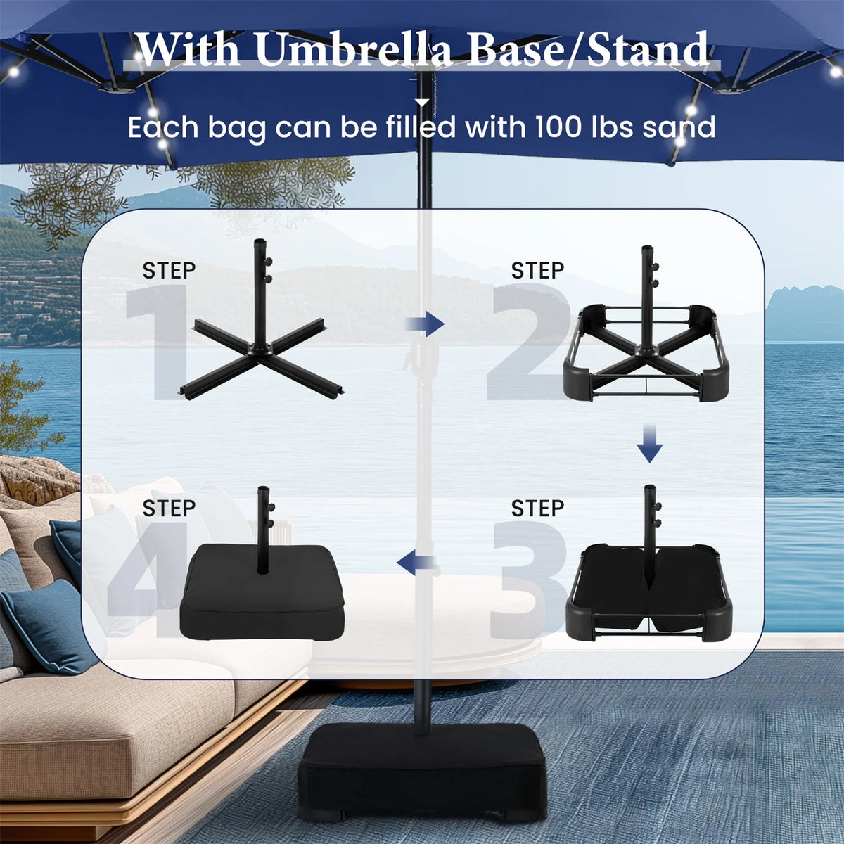 Summit Living 15 FT Double-Sided Solar Patio Umbrella with Base Large Outdoor Umbrella with LED Solar Lights - Haze Blue