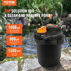 Bio Pressure Pond Filter with 13W UV-C Light, 1580 GPH, for Pools up to 1600 Gallons, Pressurized Biological Filtration for Garden Ponds, Koi Fish Tanks, Fountains