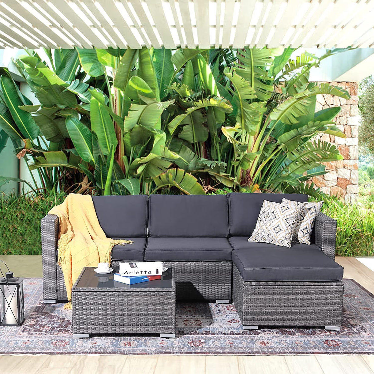 Patiorama 5-Piece Patio Furniture Set, Outdoor Sectional Conversation Set, All-Weather Grey PE Wicker with Light Grey Cushions, Backyard Porch Garden