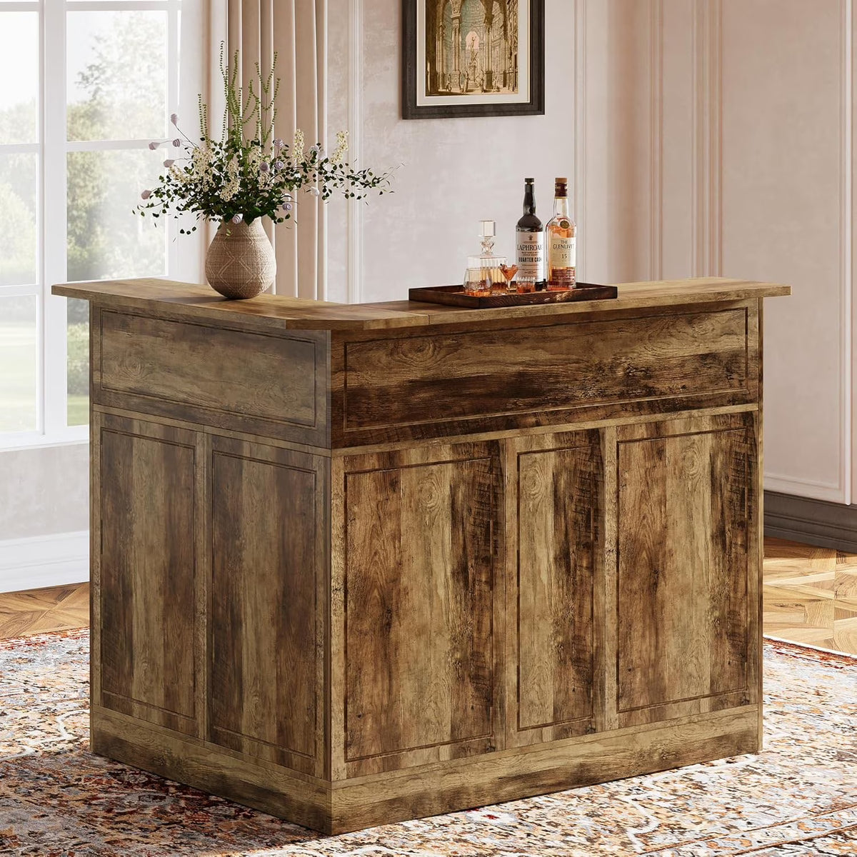 Tribesigns Bar Cabinet, L-Shaped Home Bar Table with Stemware Racks