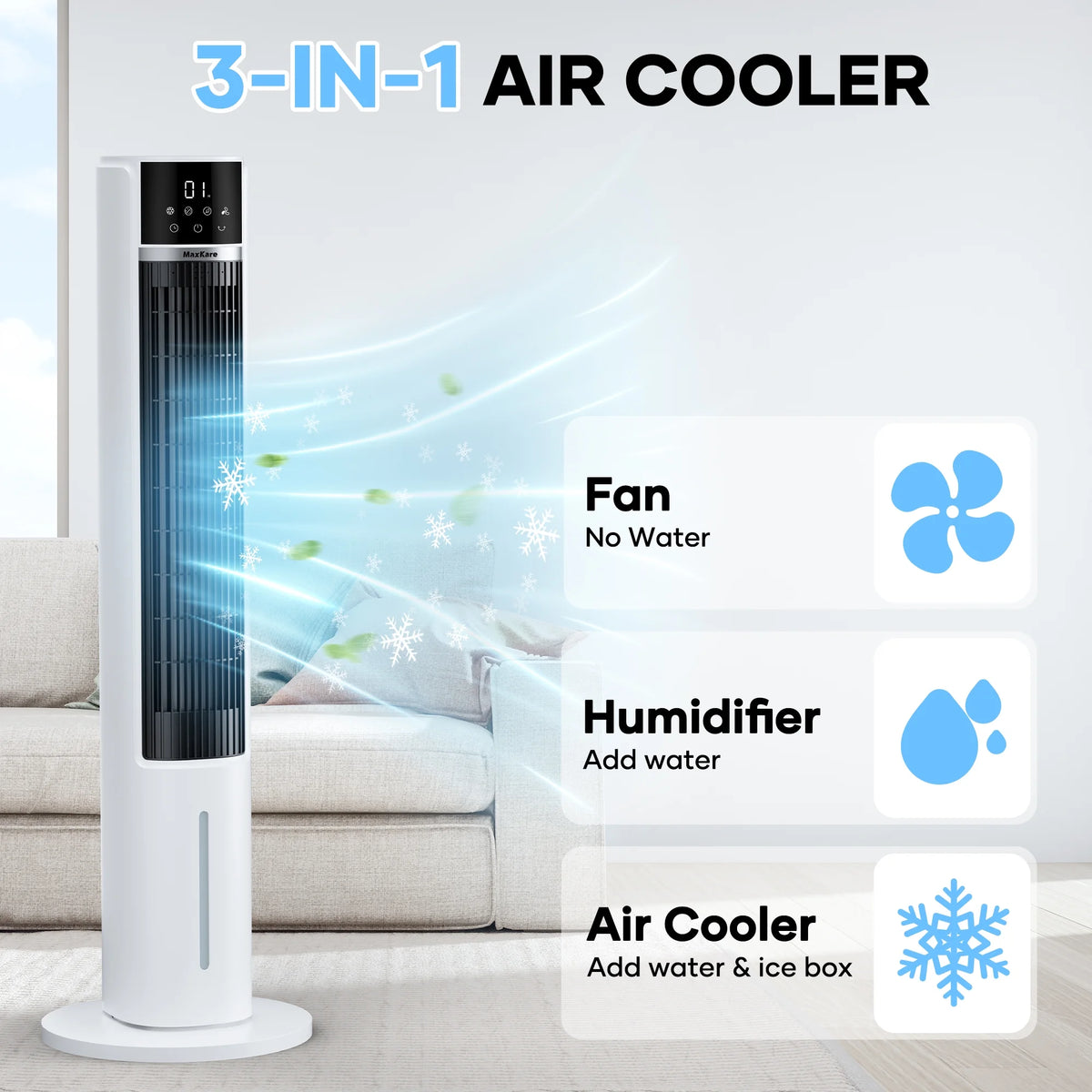 MaxKare 3-in-1 Tower Fan, Air Cooler with FCC & ETL, Humidifier for Office & Bedroom, 40'' High, White