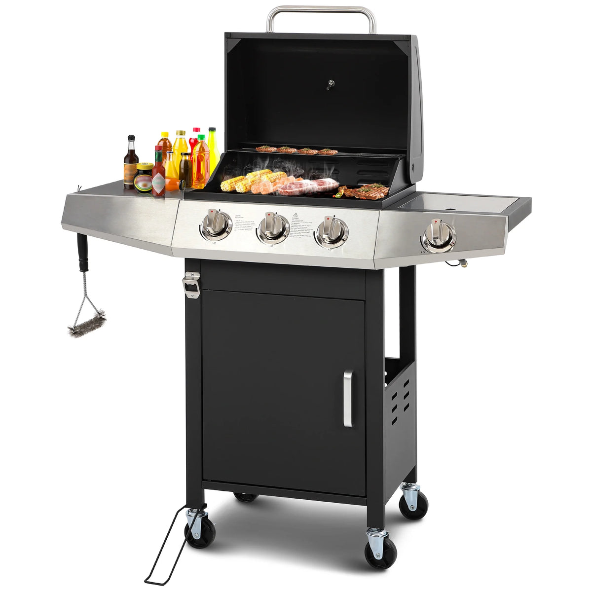 4-Burner Gas Grill with 4 Universal Wheels & Bottle Opener, 40000BTU Outdoor Grill with Side Table for Camping, Black & Sliver