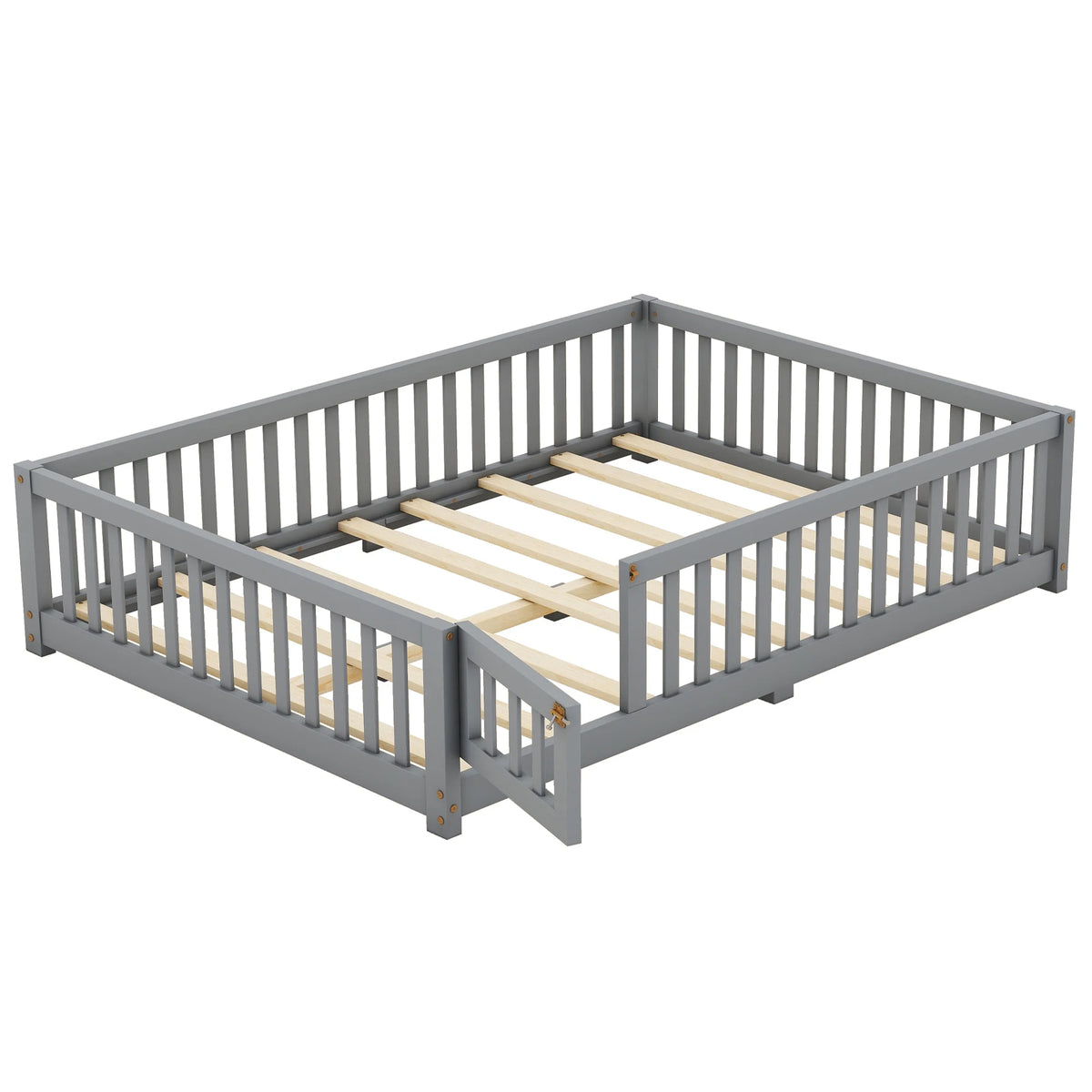 Bellemave Full Size Floor Bed with Door and Fence Floor Bed with Bed Slats Sturdy Wood Floor Bed Montessori Bed Frame (Full, Pink)