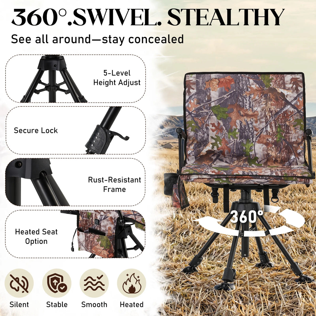 Danrelax 360�� Silent Camo Hunting Blind Chair, Armrests, Side Pouch, Telescopic Legs