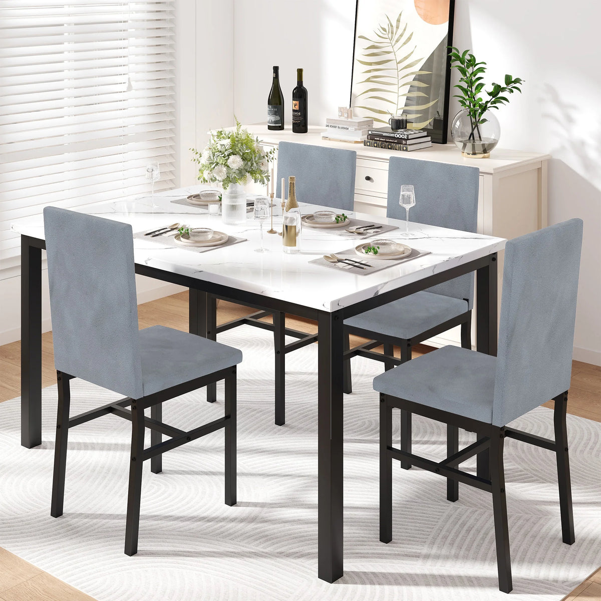5 Piece Dining Room Table Set, Modern Dining Table Sets with Gray Velvet Upholstered Chairs for 4, Faux Marble Pattern Rectangle Kitchen Table Set for Bar Living Room Breakfast Nook Small Space