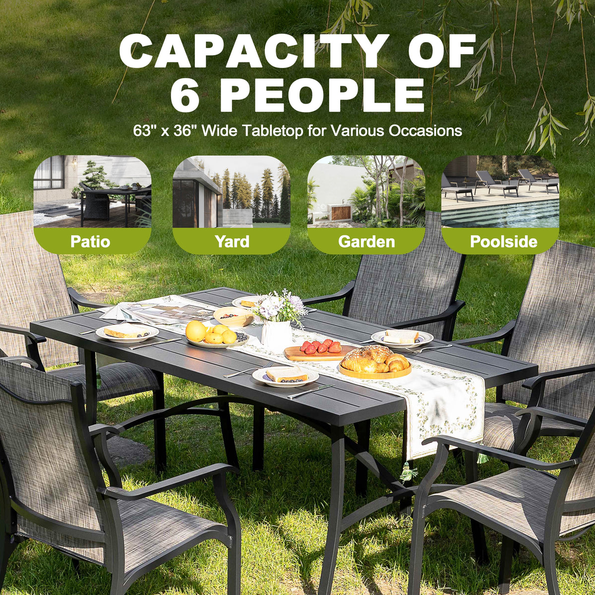 Nuu Garden 7 Piece Patio Dining Set, Rust-Resistant Aluminum Outdoor Dining Set, Include 6 Textilene Chairs and Rectangle Dining Table with Umbrella Hole, Grayish Brown