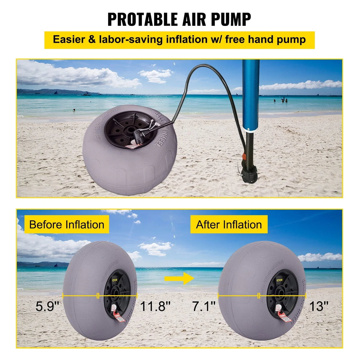 VEVOR Beach Balloon Wheels, 13" Replacement Sand Tires, TPU Cart Tires for Kayak Dolly, Canoe Cart and Buggy w/ Free Air Pump, 2-Pack