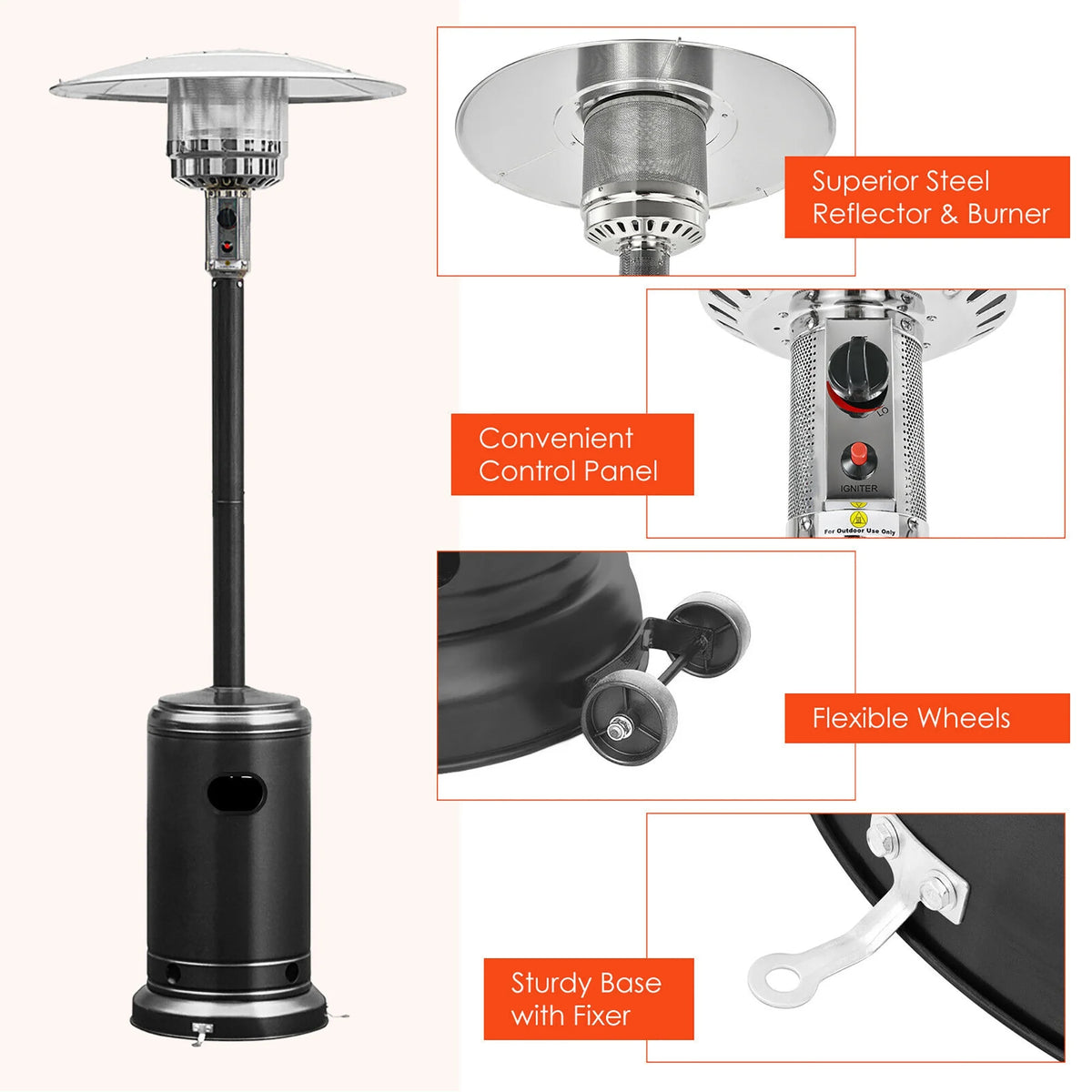 Costway 50000 BTU Propane Patio Heater Standing Steel with Wheels Grey