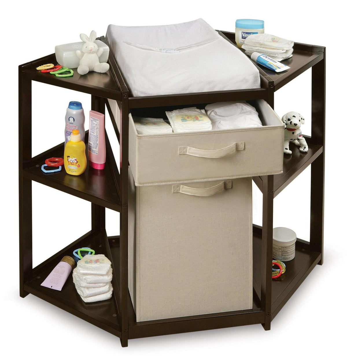 Badger Basket Diaper Corner Baby Changing Table with Hamper and Basket. Espresso
