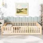 UHOMEPRO Twin Size Floor Bed with Door and Fence, Montessori Floor Bed with Slats and Safety Guardrails, Solid Wood Twin Bed Frame for Bedroom, White