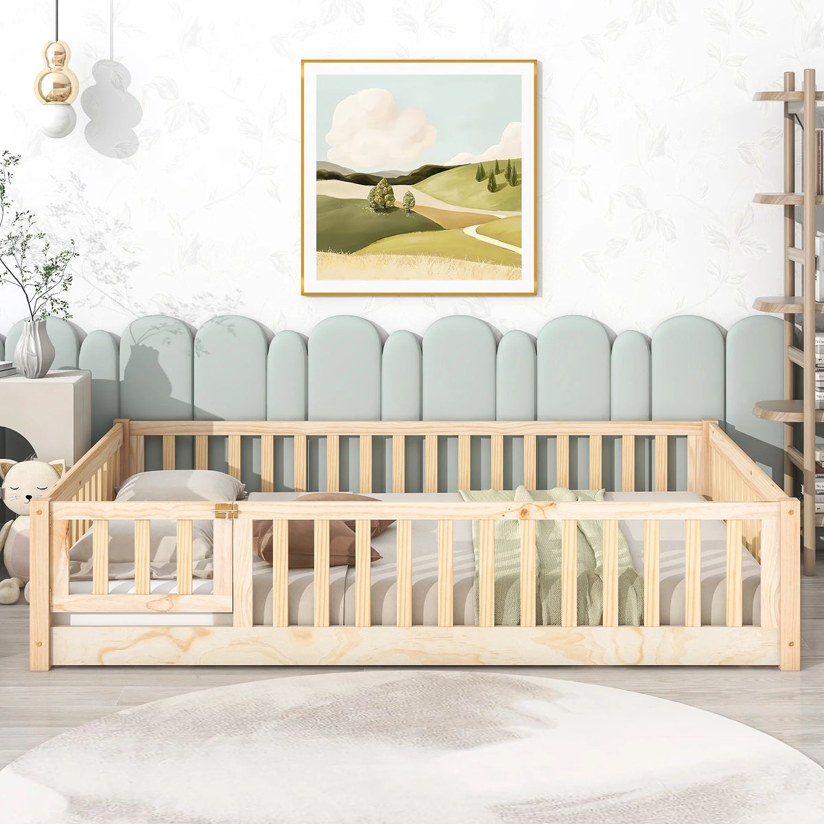 UHOMEPRO Twin Size Floor Bed with Door and Fence, Montessori Floor Bed with Slats and Safety Guardrails, Solid Wood Twin Bed Frame for Bedroom, White