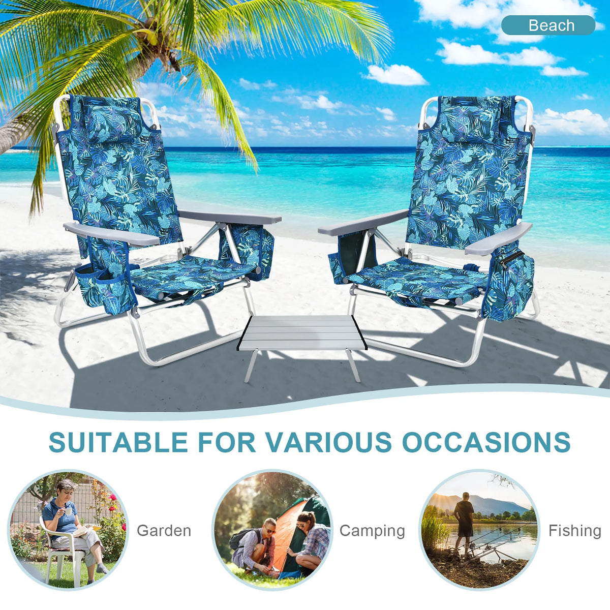 Costway 2-Pack Folding Backpack Beach Chair Table Set 5-Position Outdoor Reclining Chair Pink