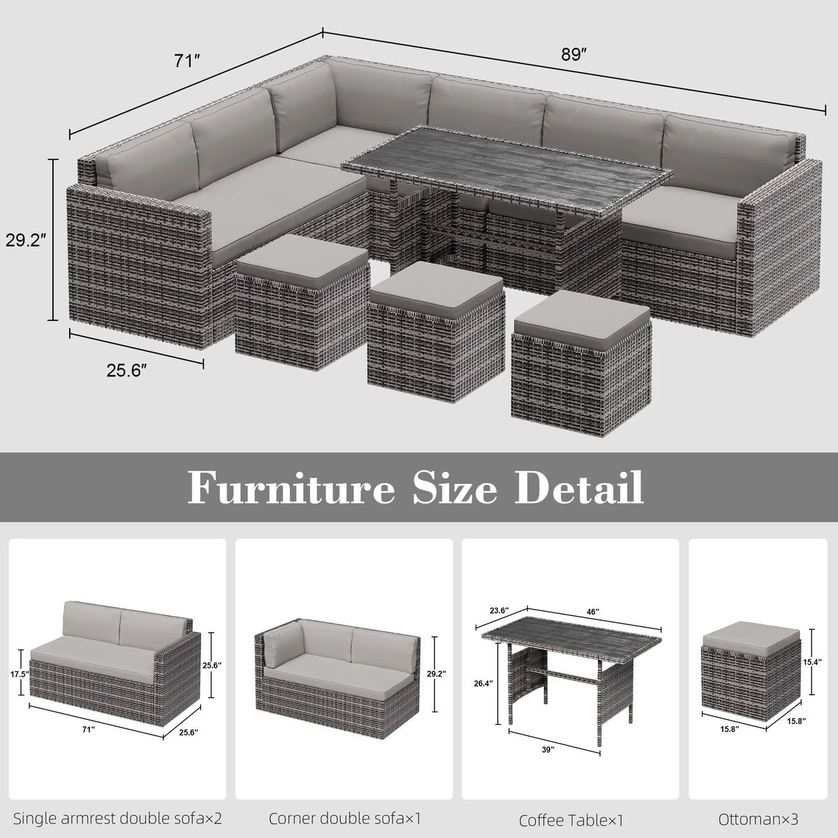Bifanuo 7 Piece Patio Furniture Set, Outdoor Furniture Patio Sectional Sofa, All Weather PE Rattan Outdoor Sectional with Beige Cushions and Table, Black Wicker