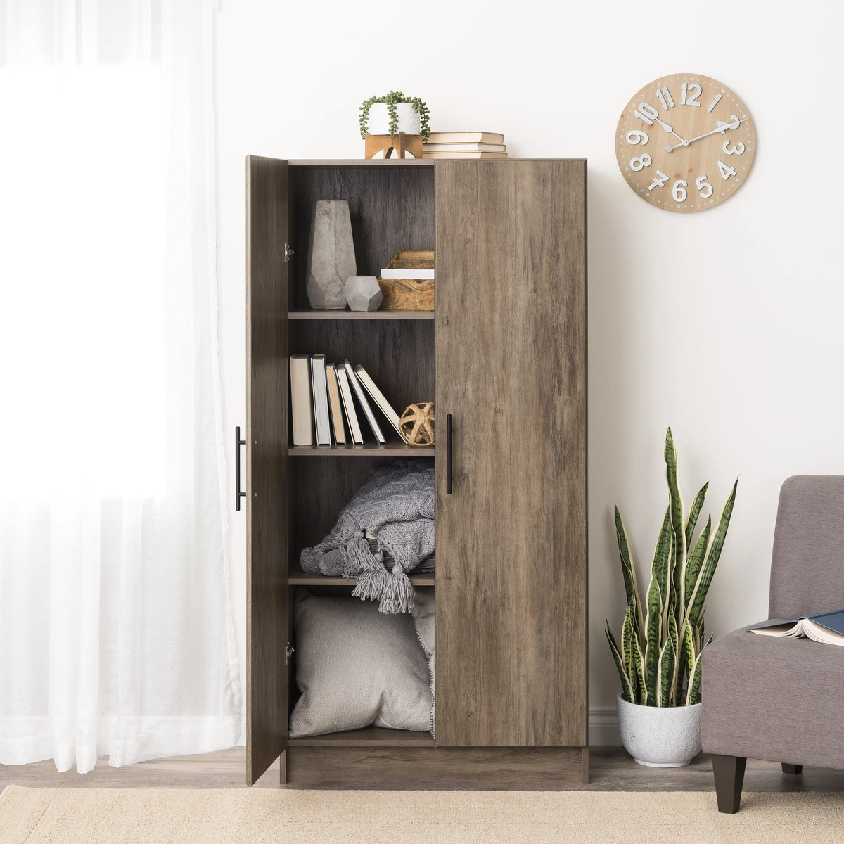 Prepac Adjustable Shelves Cabinet - Functional Tall Garage Table, 16"D x 32"W x 65"H Freestanding Garage Cabinet with 2-Doors, Light Gray - GES-3264