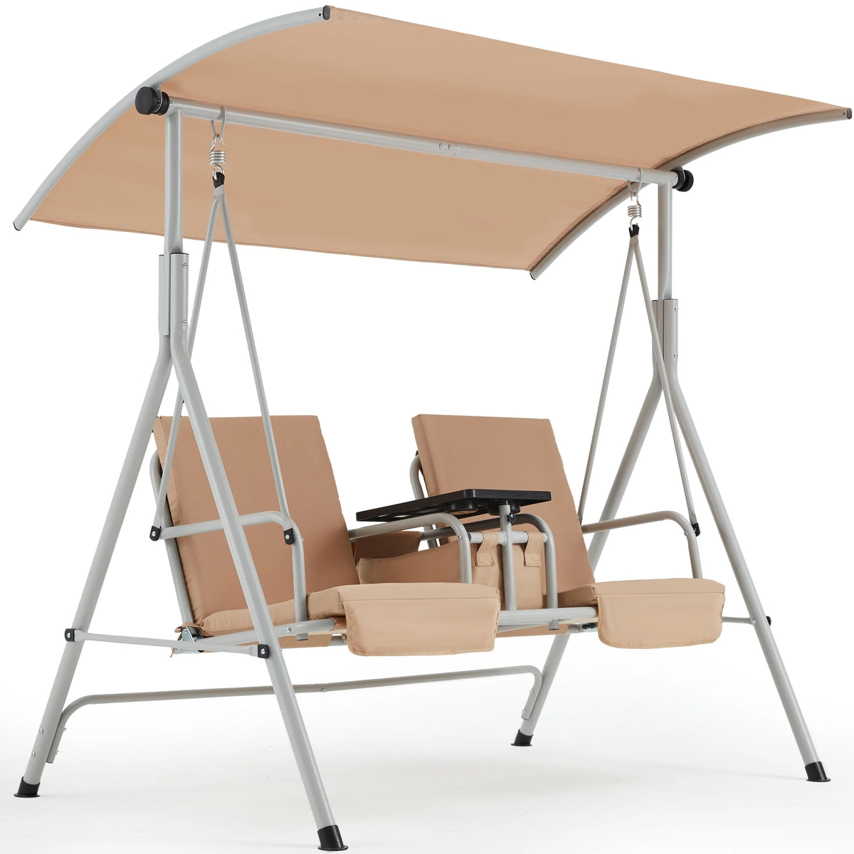 HOMREST Patio Swing with Adjustable Canopy��Heavy Duty 650 LBS Outdoor Swing with Pivot Storage Table & 4 Cup Holders & Cushions for Yard, Lawn, Backyard, Navy Blue