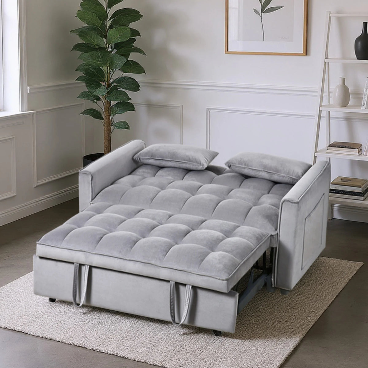 Gewnee 55'' Modern Convertible Velvet Sofa Bed with Pull-Out Twin Bed, Adjustable Backrest for Living Room, Office (Dark Gray)
