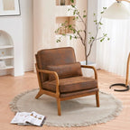 Accent Chairs, Single Linen Lounge Reading Armchair with Solid Wood Frame, Mid Century Modern Easy Assembly Arm Chairs for Living Room-Beige