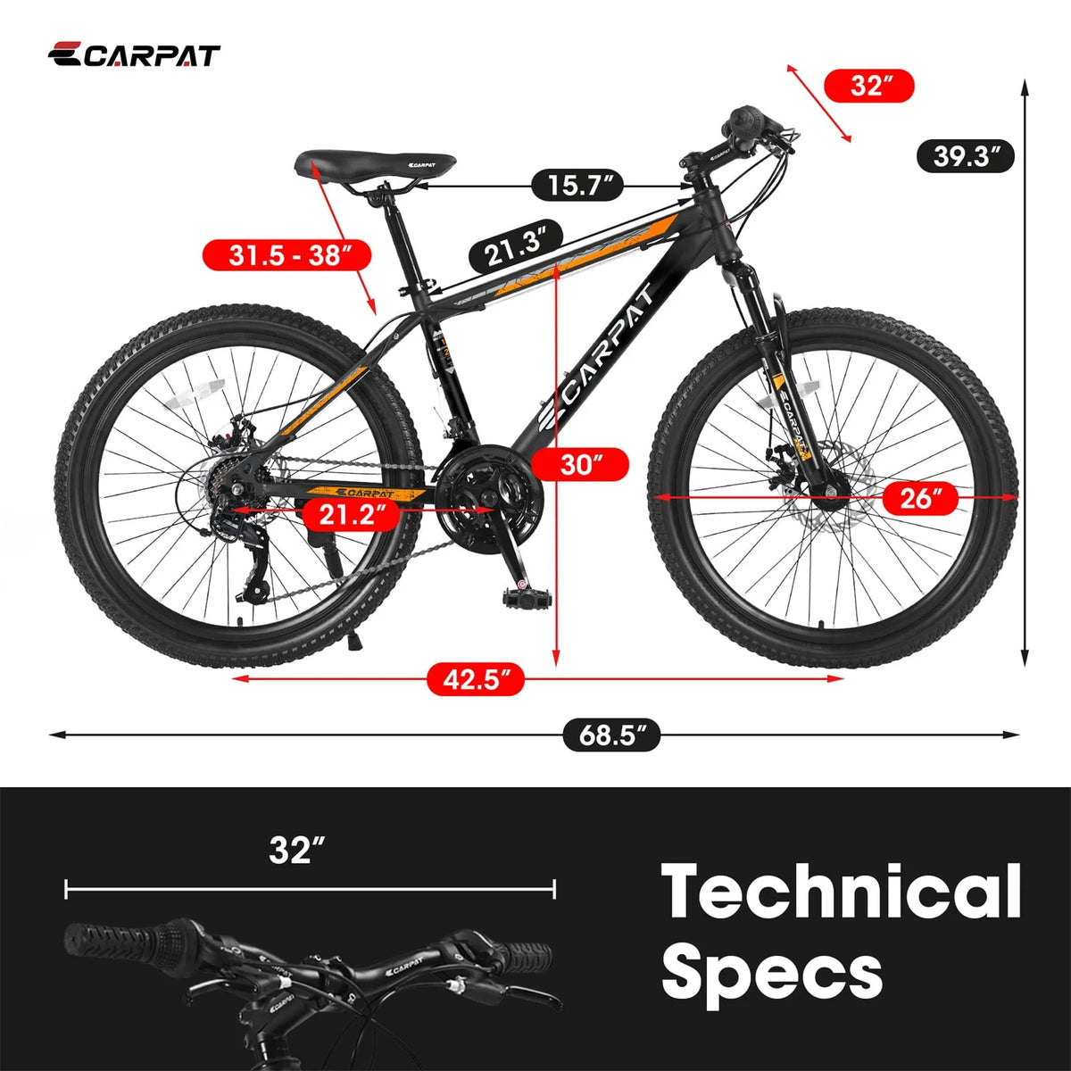 26" Mountain Bike for Adult, 21 Speed MTB with High-carbon Steel Frame, Orange