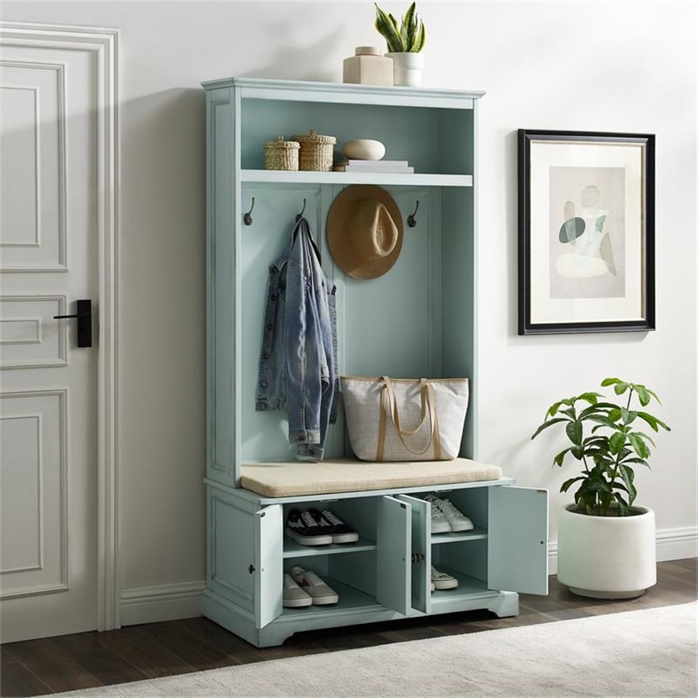 Bowery Hill Traditional Wood Hall Tree in Seafoam Blue/Oatmeal