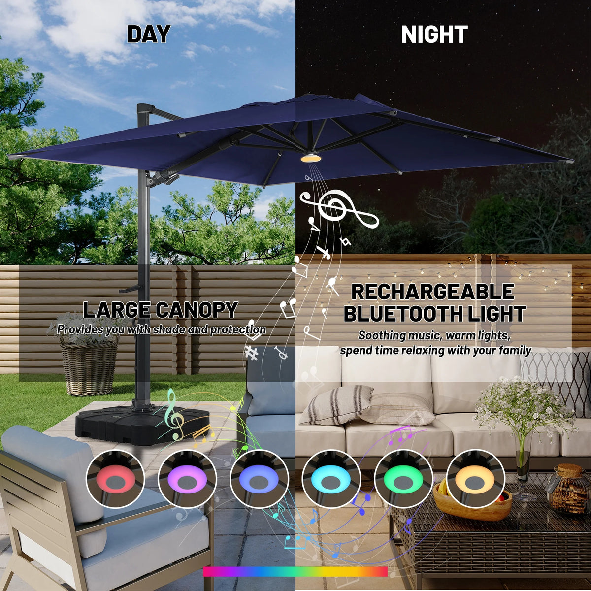 Boyel Living Cantilever Outdoor Patio Umbrellas, with Bluetooth Ambient Light & Base, Offset Square Umbrella for Pool Deck Garden Backyard, Navy Blue