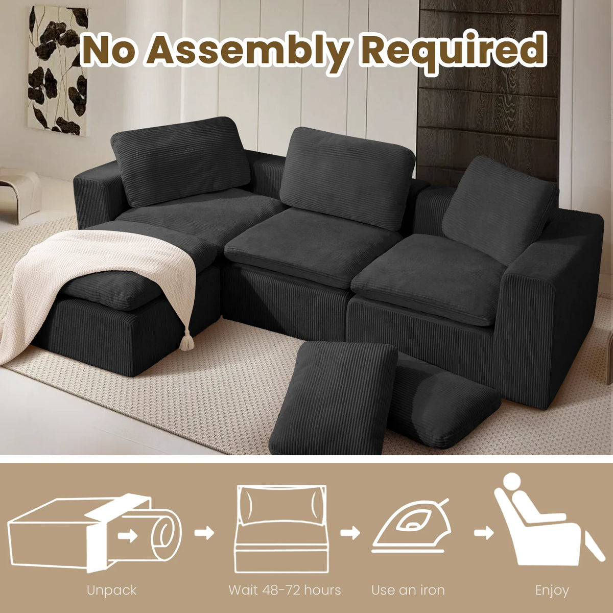 Cloud Sectional Couches for Living Room, Modular L-Shaped Sofa with Ottoman, Corduroy Sleeper Sofa Bed, No Assembly Compression Memory Foam Couch,White