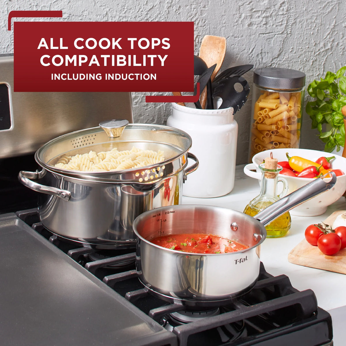 T-fal Cook & Strain Stainless Steel Cookware Set, 14 piece Set